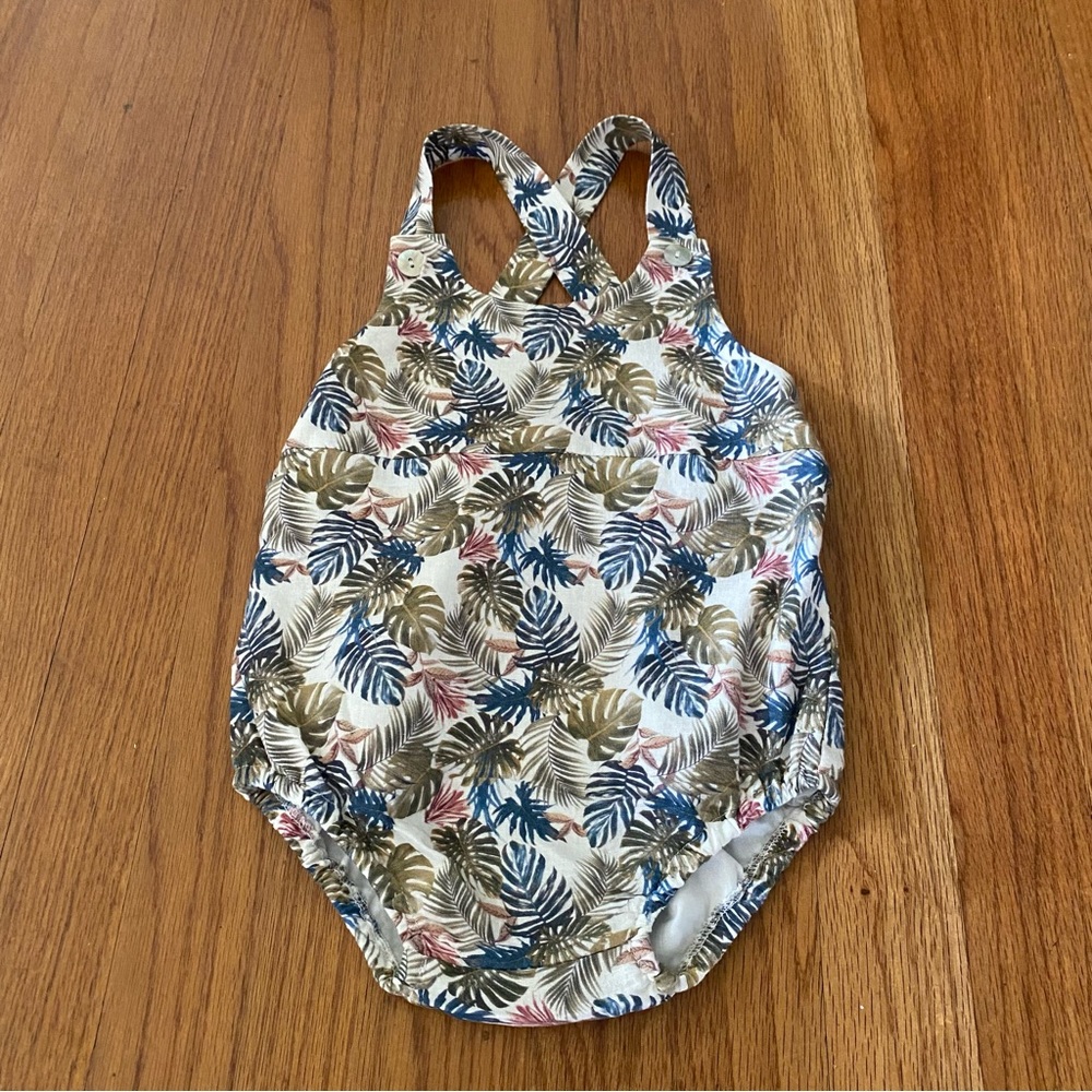 La Coqueta Tropical Leaf Print Linen Romper Dungarees